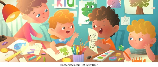 Preschool Children Girl and Boys Draw and Learn Art in Classroom. Fun and creative drawing activity for kids with art, craft and painting projects. Vector colorful kindergarten cartoon illustration