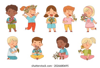 Preschool Children Holding Flower Smelling Aroma and Fragrance Vector Set