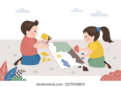 Preschool children make handmade crafts. Classmates cut out and glue pieces of paper onto large picture. Art, studies, teaching children. Homeschooling for young children. Education concept. vector