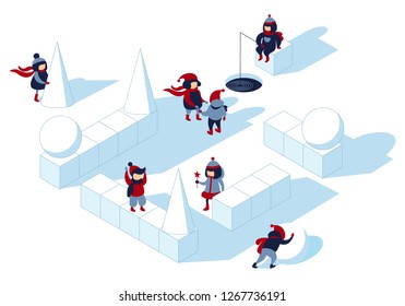 Preschool  children play winter games on a frozen pond playground, build a snow fort and make snowballs near the ice-hole