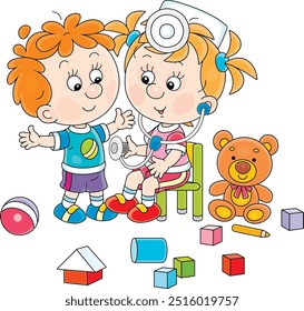 Preschool children playing doctor and patient, a friendly smiling little girl in a doctor hat and with a toy stethoscope listening to a belly of a little boy, vector cartoon illustration on white