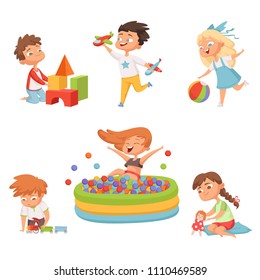 Preschool Children Playing In Various Toys. Vector Illustrations In Cartoon Style. Child Preschool, Play Kids With Toy In Kindergarten