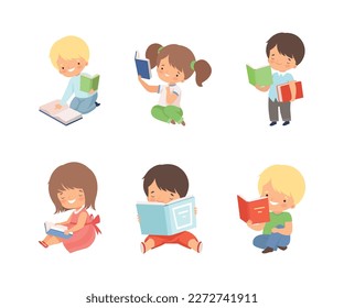 Preschool children reading books set. Cute little boys and girls literature fans. Education, hobby concept cartoon vector illustration