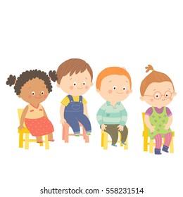 Preschool children sitting on chairs and smiling.