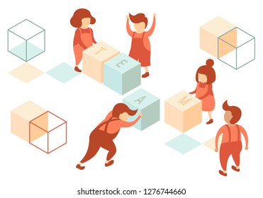 Preschool children take part in games on the playground and use cubes as Chinese puzzles to compose phrases of words
