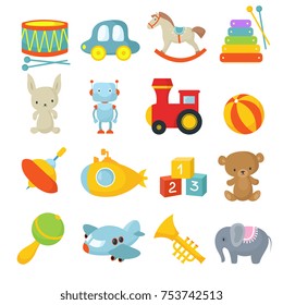 Preschool children toys isolated vector cartoon set. Toy child, ball and pyramid, bear and rabbit illustration
