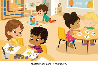 Preschool Class. Vector illustrations of kindergarten children in the playroom, boys and girls involved in various activities and make Fun. Multicultural Kids Draw, Play with Cards, Wooden Cubes and B