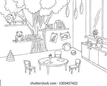 Preschool Classroom Graphic Black White Kindergarten Interior Sketch Illustration Vector