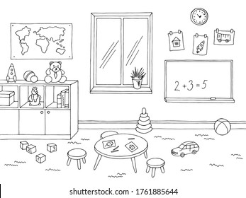 Preschool classroom graphic black white interior sketch illustration vector