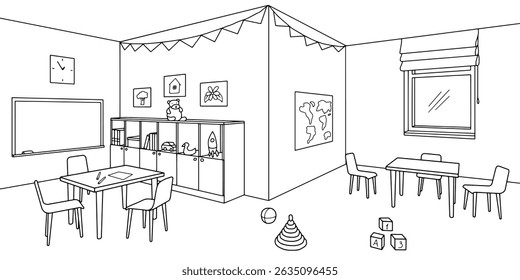 Preschool classroom graphic black white interior sketch illustration vector 