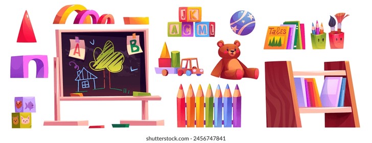 Preschool classroom for kid. Kindergarten room furniture vector interior. Cute school nursery daycare class with cube alphabet, painting stationery, blackboard and book on shelf for fun education