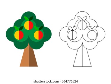 Preschool coloring page with apple tree and three ripe apples. Vector.