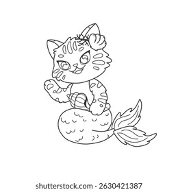 Preschool coloring page with beautiful mermaid cat. Kawaii mermaid kitten for coloring book. Fantastic sea character line art