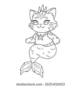 Preschool coloring page with princess mermaid cat. Little mermaid kitten in sea beads and crown for coloring book. Kawaii sea animal black outline