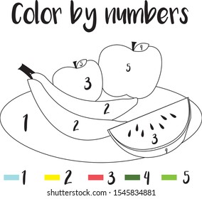 Preschool Counting Activities. Coloring page with colorful illustration. Color by numbers, printable worksheet. Educational game for children, toddlers and kids pre school age. Vector Eps. 8
