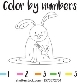 Preschool Counting Activities. Drawing of a rabbit with a carrot.Coloring page with colorful illustration. Color by numbers, printable worksheet. Educational game for children, toddlers,pre school age