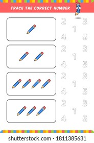 preschool counting learn worksheet tracing writing number activity vector template with cute pencil illustration for child kids