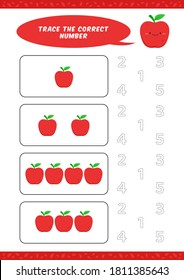 preschool counting learn worksheet tracing writing number activity vector template with cute apple illustration for child kids