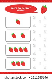 preschool counting learn worksheet tracing writing number activity vector template with cute strawberry cartoon illustration for child kids
