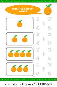 Vorschulzählung lernen Arbeitsblattverfolgung beim Schreiben von Zahlenaktivität Vektorvorlage mit süßer orangefarbener Cartoon-Illustration für Kinder
