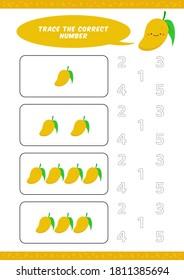 preschool counting learn worksheet tracing writing number activity vector template with cute mango cartoon illustration for child kids