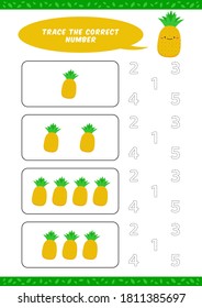 preschool counting learn worksheet tracing writing number activity vector template with cute pineapple cartoon illustration for child kids