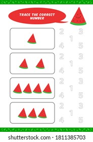preschool counting learn worksheet tracing writing number activity vector template with cute watermelon cartoon illustration for child kids