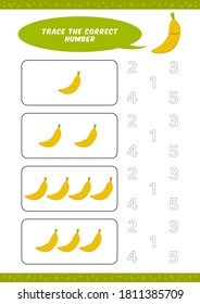 preschool counting learn worksheet tracing writing number activity vector template with cute banana cartoon illustration for child kids
