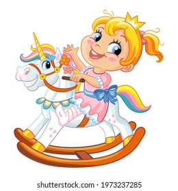 Preschool cute smiling girl riding on fantasy rocking horse. Kindergarten or nursery child recreation activity. Vector character isolated illustration. For apparel, print, design, poster, card,sticker