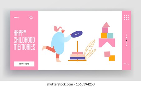 Preschool Development and Activity Website Landing Page. Adult Woman Building Stack Up Ring Pyramid Toy. Babysitter Playing Educational Game Child Web Page Banner. Cartoon Flat Vector Illustration
