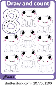 Preschool Dotted Lines. Learn to write and count. Trace sheet. Frog. Illustration and vector outline - A4 paper, ready for printing. Workbook for kids handwriting repeat.