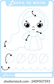 Preschool dotted Lines. Learn to write. Trace sheet. Illustration and vector outline - A4 paper, ready for printing. Workbook for kids handwriting repeat. Princess.