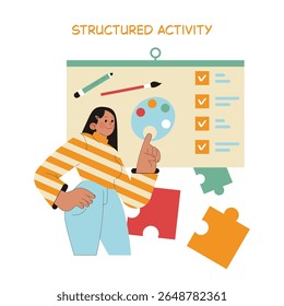 Preschool education activity illustration showcasing a teacher engaged in structured learning. Elements include a checklist, palette, and colorful puzzle pieces, emphasizing interactive and organized