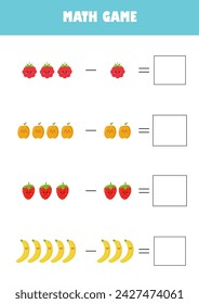 Preschool education activity math game vector illustration. Subtraction calculating worksheet for kids.
