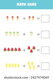 Preschool education activity math game vector illustration. Addition calculating worksheet for kids.