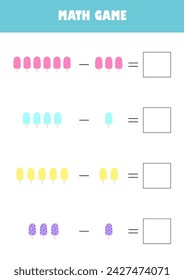 Vorschulerziehung Aktivität Mathematik Spiel Vektor-Illustration. Subtraktionsberechnungsarbeitsblatt für Kinder.