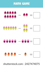Preschool education activity math game vector illustration. Subtraction calculating worksheet for kids.