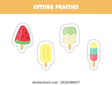 Preschool education activity page vector illustration. Cutting practice for kids. Cartoon ice cream.