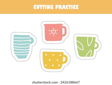 Preschool education activity page vector illustration. Cutting practice for kids. Cartoon cups.