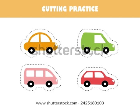 Preschool education activity page vector illustration. Cutting practice for kids. Cartoon cars.