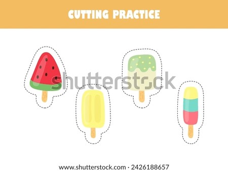 Preschool education activity page vector illustration. Cutting practice for kids. Cartoon ice cream.
