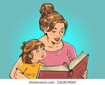 Preschool education of children. Relationship between mother and children. A woman is reading a book to a girl.