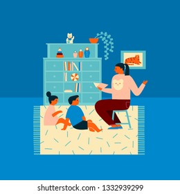 Preschool education children sitting in class room listening teacher reading a book. Parenthood illustration in vector.