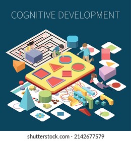Preschool education cognitive development composition with little children learning and playing with shapes and cards 3d isometric vector illustration