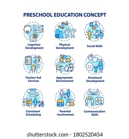 Preschool education concept icons set. Early childhood goals. Childcare. Children physical and emotional development idea thin line RGB color illustrations. Vector isolated outline drawings