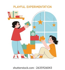Preschool education emphasizes playful experimentation, showcasing children engaging in creative building activities. Their joyful interactions with colorful blocks foster learning and development.