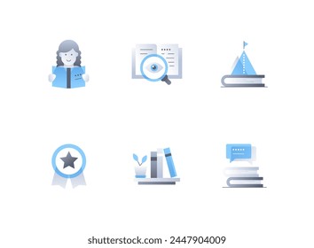 Preschool education - flat design style icons set. High quality colorful images of student reading, bookshelf and information, achievement and medals, literature discussion, study and learn idea
