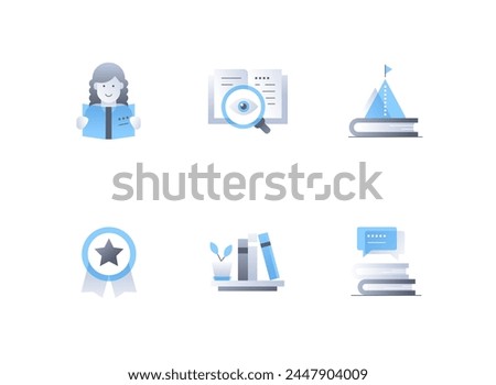Preschool education - flat design style icons set. High quality colorful images of student reading, bookshelf and information, achievement and medals, literature discussion, study and learn idea