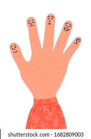 Preschool education. Hand with different emotions drawn on fingers. Emotional child development, empathy concepts. Game for little kids.