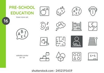 Pre-School Education Icons Set. Linear Editable Stroke Symbols for Early Learning and Child Development Activities.